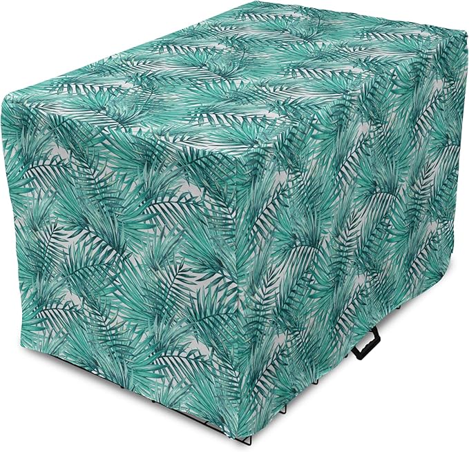 Lunarable Leaf Dog Crate Cover, Fresh Tropical Exotic Island Palm Tree Leaves in Jungle Abstract Watercolor, Easy to Use Pet Kennel Cover for Medium Large Dogs, 36 Inch, Pale Blue and Green