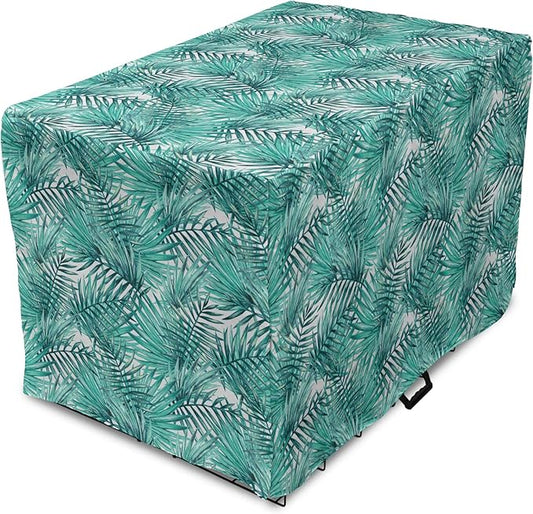 Lunarable Leaf Dog Crate Cover, Fresh Tropical Exotic Island Palm Tree Leaves in Jungle Abstract Watercolor, Easy to Use Pet Kennel Cover for Small Dogs Puppies Kittens, 22 Inch, Pale Blue and Green