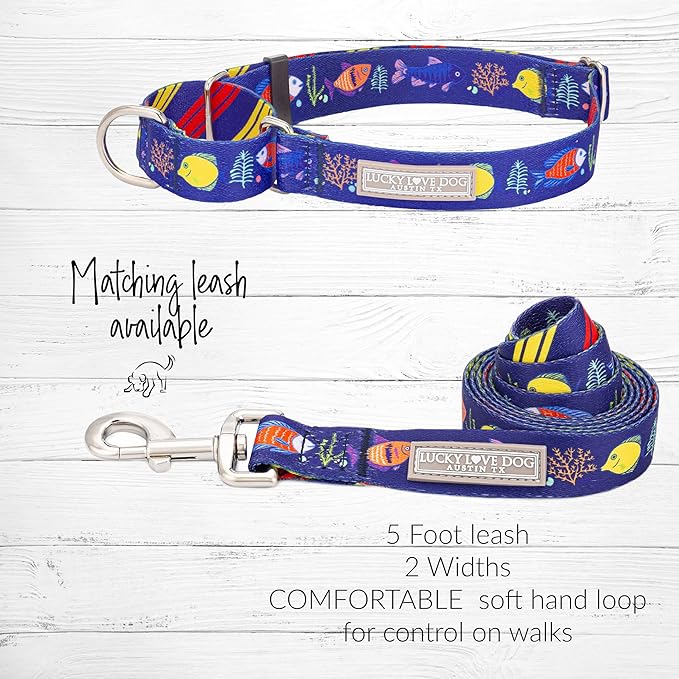 Lucky Love Dog Tropical Fish Pattern Martingale Collar and Leash Set, Summer Themed No Slip Collars for Large Dogs, Great for Whippets, Greyhounds, and More (Mackey, Large - Combo)