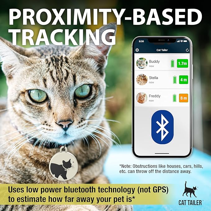 Cat Tracker - Small and Lightweight Waterproof Bluetooth Pet Collar Attachment, 328 Foot Range, Replaceable 6 Month Battery Life, Android/Apple iOS Compatible