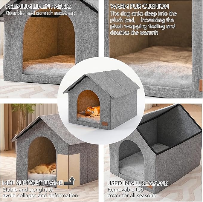 Indoor Dog House with Washable Plush Cushion - Medium Size, Suitable for Dogs & Cats Under 22 Pounds