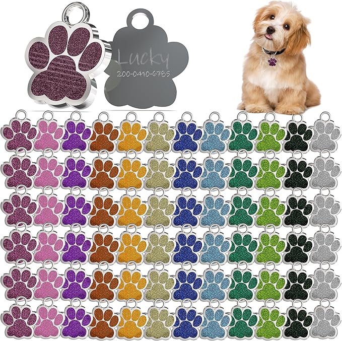 72 Pcs Dog Tags Personalized for Pets Glitter Paw Print Stainless Steel Dog Tag Cute Dog Name Tag Bulk Dog Tags Cat Tags for Wholesale （12 Colors）