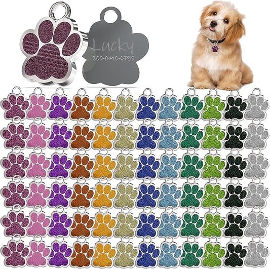 72 Pcs Dog Tags Personalized for Pets Glitter Paw Print Stainless Steel Dog Tag Cute Dog Name Tag Bulk Dog Tags Cat Tags for Wholesale （12 Colors）