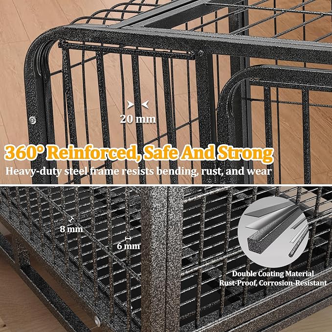 Dog Crates for Large Dogs 42 inch, Heavy Duty 10-Gauge Steel Dog Kennel Indoor Escape Proof, Wire Cage for High Anxiety or Arthritic Dogs Comfortable with Lockable Wheels, Bottom Tray Easy to Clean
