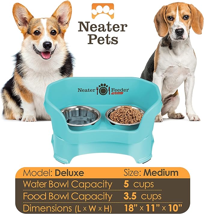 Neater Feeder Deluxe Mess Proof Dog Bowls Elevated Medium Sized Dog Breed – Made in USA – No Spill Raised Dog Food Bowl Stand – Stainless Steel Food and Water Bowl Set, Pet Feeding Station, Aquamarine