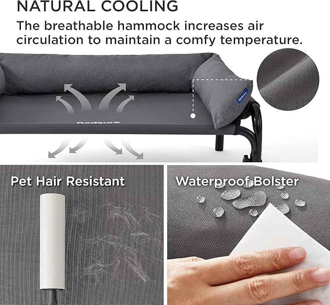 Bedsure XL Elevated Raised Outdoor Dog Bed - Cooling Dog Cot Bed with Bolster for Extra Large Dog, Lifted Pet Bed with Breathable Teslin Mesh, Dog Hammock Bed with Non-Slip Feet, Grey, 42 inches