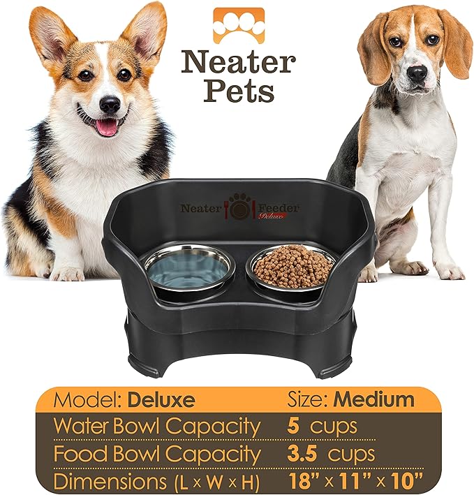 Neater Feeder Deluxe Mess Proof Dog Bowls Elevated Medium Sized Dog Breed – Made in USA – No Spill Raised Dog Food Bowl Stand – Stainless Steel Food and Water Bowl Set, Pet Feeding Station, Black