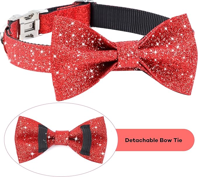 Red Dog Collar with Bow, Bling Bowtie Dog Collar for Puppy Small Dogs and Cats, Cute Walking Boy and Girl Dog Collar (Neck fit 9-12’’)