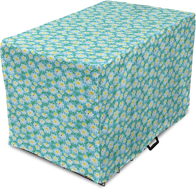 Lunarable Yellow and Blue Dog Crate Cover, Meadow Art Pattern with Ladybirds and Chamomile Daisy Blossoms, Easy to Use Pet Kennel Cover for Small Dogs Puppies Kittens, 22 Inch, Aqua White Marigold