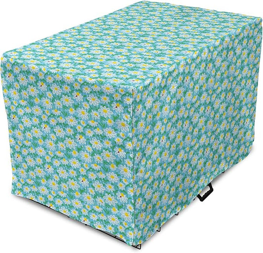 Lunarable Yellow and Blue Dog Crate Cover, Meadow Art Pattern with Ladybirds and Chamomile Daisy Blossoms, Easy to Use Pet Kennel Cover for Small Dogs Puppies Kittens, 18 Inch, Aqua White Marigold