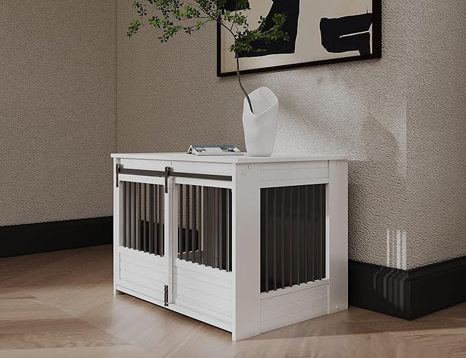 New Age Pet ECOFLEX Barn Door Dog Crate End Table - Antique White, Large - Durable Wood Plastic Composite with Stainless Steel Latch, Easy Assembly, 10 Year Warranty