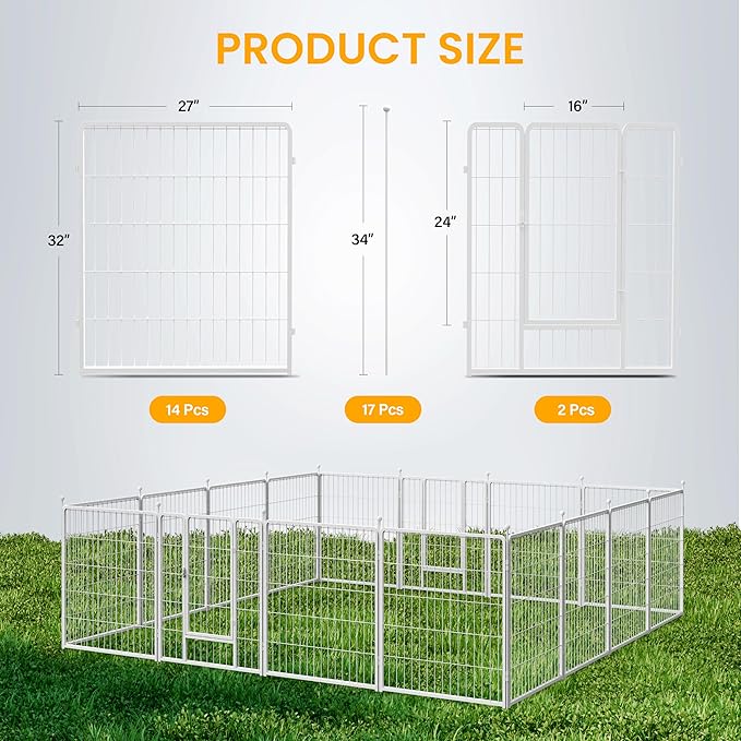 Dog Playpen 32 Inch 16 Panels, Ideal Dog Fence for Small/Medium Dogs Indoor & Outdoor Bliss, Perfect Dog Pen for Camping, Yard, RV, Garden Fence, White