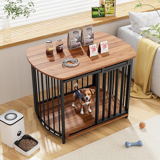 Merax 31.5" Furniture Style Dog Crate for Small and Medium Dogs, Wooden Cage Indoor Kennel Furniture, Modern Dog Crate End Table with Double-Doors, Brown