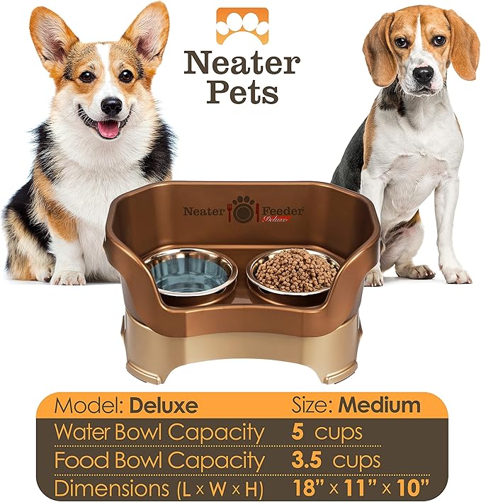 Neater Feeder Deluxe Mess Proof Dog Bowls Elevated Medium Sized Dog Breed – Made in USA – No Spill Raised Dog Food Bowl Stand – Stainless Steel Food and Water Bowl Set, Pet Feeding Station, Bronze