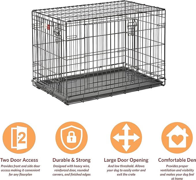 MidWest Homes for Pets Dog Crate Life Stages 36' Double Door Folding Metal Dog Crate | Divider Panel, Floor Protecting Feet, Leak-Proof Dog Pan | 36L x 23W x 25H Inches, Intermediate Dog Breed