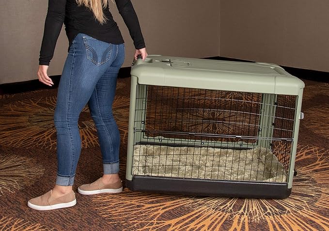 Pet Gear “The Other Door” 4 Door Steel Crate for Dogs/Cats with Garage-Style Door, Includes Plush Bed + Travel Bag, No Tools Required, Willow
