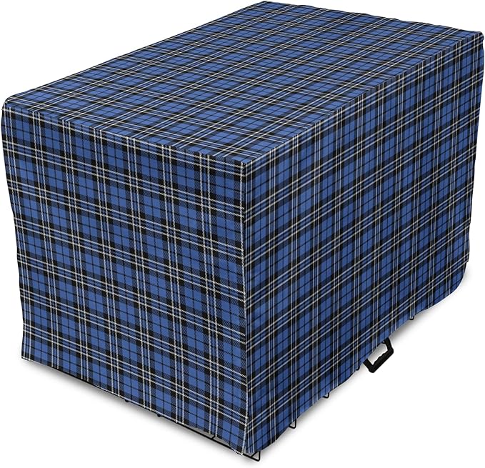 Lunarable Plaid Dog Crate Cover, Classical Old Fashioned Abstract Pattern Design Scottish Country Style, Easy to Use Pet Kennel Cover for Small Dogs Puppies Kittens, 18 Inch, Violet Blue Black White