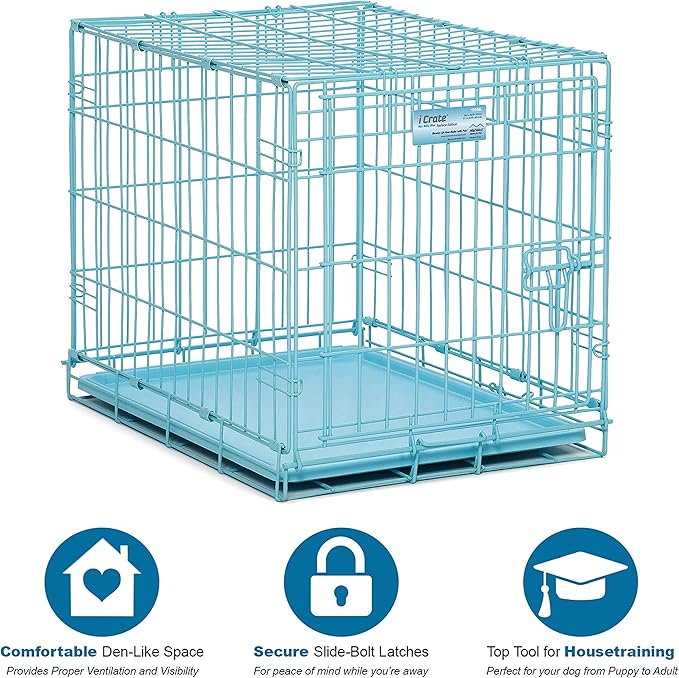 MidWest Homes for Pets Single Door Blue Folding Metal Dog Crate w/ Divider Panel, Floor Protecting 'Roller' Feet & Leak Proof Plastic Tray, 24L x 18W x 19H Inches, Small Dog Breed