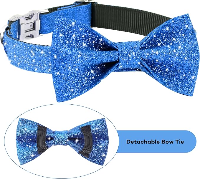 Blue Boy Dog Collar with Bow, Bling Male Bowtie Dog Collar for Puppy Small Medium Dogs, Cute Dog Collar for Daily Walking or Holiday Party (Neck fit 11-16’’)