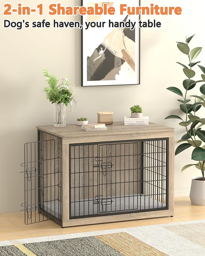 Piskyet Dog Crate Furniture with Cushion,Heavy-Duty Reinforced Metal Mesh,32" Wooden Dog Crate End Table with Double Doors,Indoor Dog Kennel,Dog Cage Side Table for Medium Breed,Grey