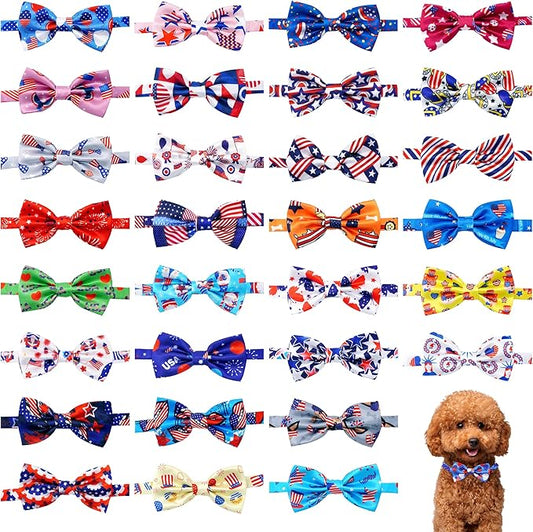30 PCS Patriotic Dog Bow Ties for Small Dogs 4th of July Dogs Bowties Bulk with Adjustable Ties Independence Day Bow Ties Party Grooming S