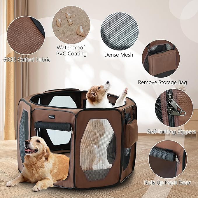 Dog Playpen, Cat Dog Crate Portable Pet Exercise Cage Kennel House Puppy Playpen Animal Playpen Indoor/Outdoor, Water-Resistant Kennel Tent with Traveling Bag (Brown, Large)