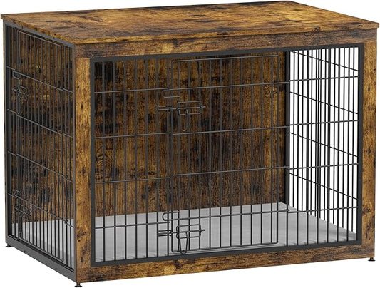 Piskyet Dog Crate Furniture with Cushion,Heavy-Duty Reinforced Metal Mesh,44" Wooden Dog Crate End Table with Double Doors,Indoor Dog Kennel,Dog Cage Side Table for Large Breed,Rustic Brown