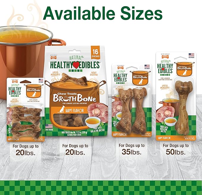 Nylabone Healthy Edibles Broth Bone Natural Dog Chews Long Lasting Treats Ham Flavor Small/Regular - Up to 25 Ibs. (4 Count)
