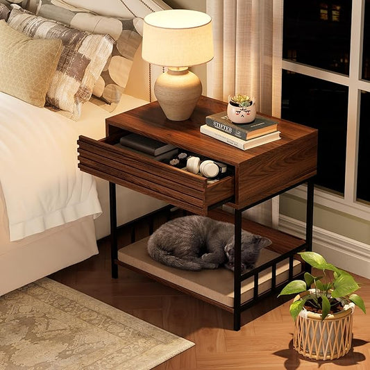Cat End Table with Storage, Side Table with Dog Bed Underneath, Dog Crate Furniture Open Design with Metal Legs Chew-Proof, Bedside Tables with Pet Bed for Living Room,Bedroom