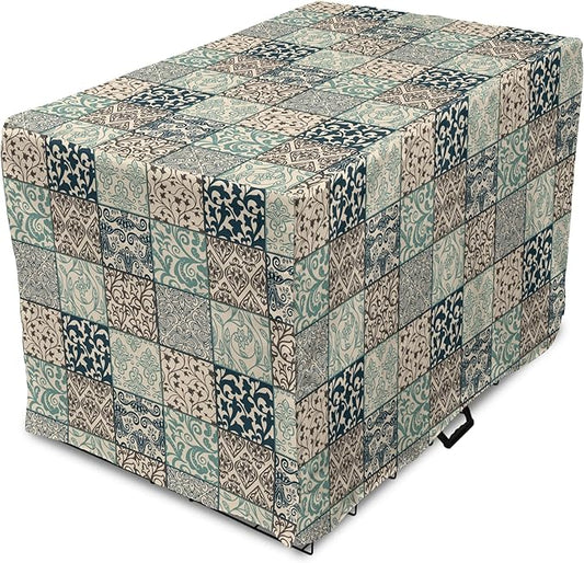 Lunarable Geometric Dog Crate Cover, Antique Mosaic with Victorian Garden Motifs Damask and Scroll Flower, Easy to Use Pet Kennel Cover for Small Dogs Puppies Kittens, 22 Inch, Seafoam Brown Dark Blue