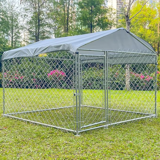 Outdoor Dog Kennel Outside with Waterproof Cover, Large Dog House with Safety Locks Door, Heavy Duty Dog Pens Run Enclosure Cage for Backyard Garden Lawn, 6.6 × 6.6 × 5FT
