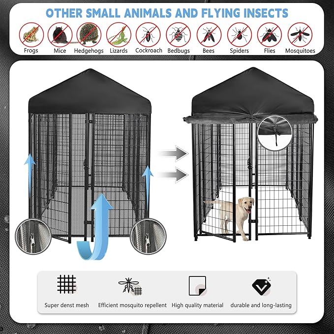 Outdoor Dog Kennel Cover Black for 8'Dx4'W 600D Waterproof and Durable Dog Crate Cover with Mesh Breathable Good Observation（Cover Only）