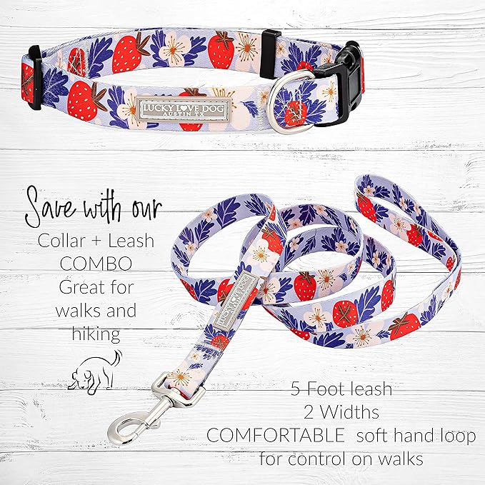 Lucky Love Dog Collar Combo Set, Strawberry Cute Girl Dog Collar and Leash Set, Dog Collar and Leash Set for X-Small Dogs, Part of Purchase Donated to Rescue (Extra Small, Sweet Berry, Combo)