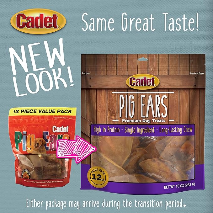 Cadet Natural Pig Ears for Dogs, Long Lasting & Natural Chew Treats for Dogs, 12 Count