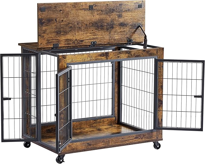 NicBex Dog Crate Furniture Dog Cage with 3 Doors and Lift Top, Dog Kennels for Inside Space, Wooden Dog Crate on Wheels with Durable Frame for Multiple Dogs, Rustic Brown