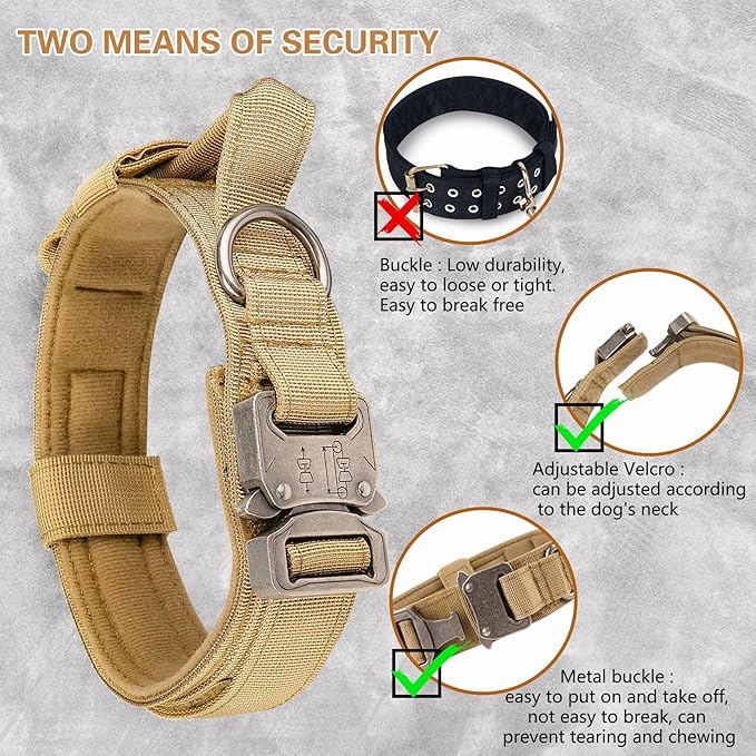 KCUCOP Tactical Dog Collar with Handle,Adjustable Military Dog Collar with Metal Buckle and Patches,Heavy Duty Dog Collars for Large Dogs (Brown-XL)