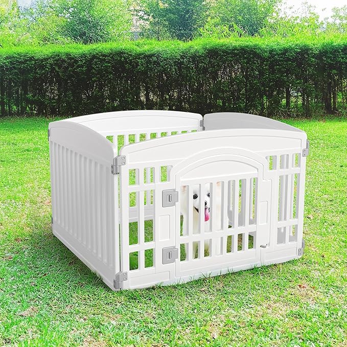 Dog Playpen 4-Panel 24" | Safe & Secure Indoor/Outdoor Pet Fence | Folding & Portable | 35 x 35 x 24IN, Ideal for Small to Medium Dogs | Easy to Clean （White）