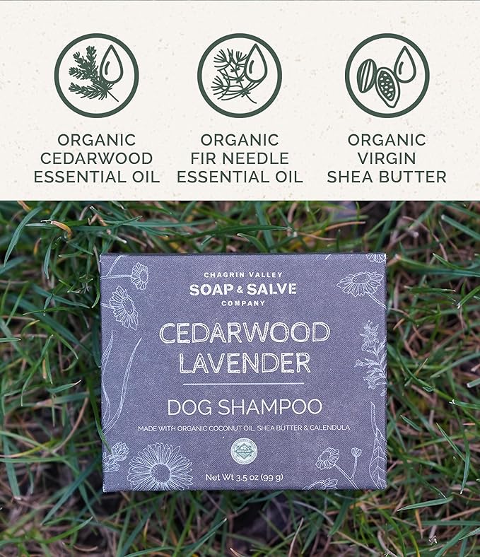 Certified Organic Dog Shampoo and Conditioner - Dog Shampoo Itchy Skin Relief and Puppy Essentials - Natural Handmade Cedarwood Lavender, 3.8 oz Bar Soap - Chagrin Valley Soap & Salve