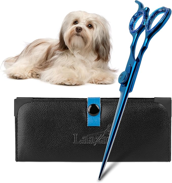 Laazar Dog Grooming Scissors - 7.0 Inch Straight Grooming Scissors for Dogs, 440C Stainless Steel Pet Grooming Scissors with Finger Rest & Case, Dog Shears for Grooming, Cat Grooming Supplies