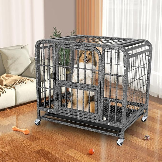 Dog Crates for Large Dogs 42 inch, Heavy Duty 10-Gauge Steel Dog Kennel Indoor Escape Proof, Wire Cage for High Anxiety or Arthritic Dogs Comfortable with Lockable Wheels, Bottom Tray Easy to Clean