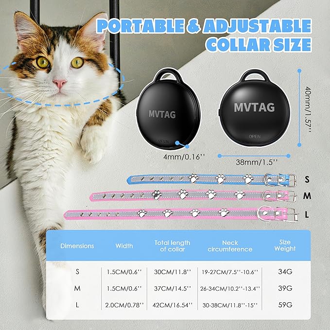 Cat Tracker GPS Collar No Monthly Fee, Real-Time Mini Pet Tracker for Small Medium Large Kittens, Reflective Waterproof Cat Tracking Collar with Bell, Indoor & Outdoor (Only for iOS)