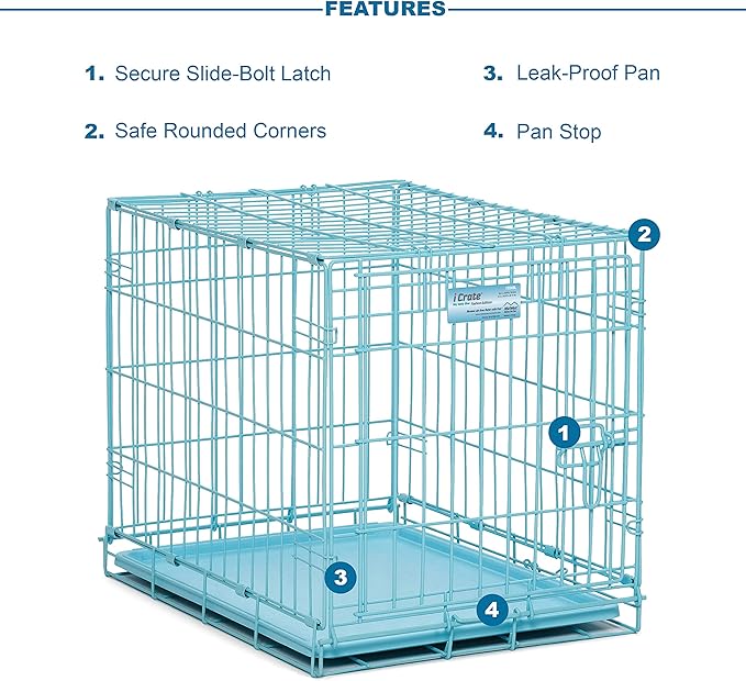 MidWest Homes for Pets Single Door Blue Folding Metal Dog Crate w/ Divider Panel, Floor Protecting 'Roller' Feet & Leak Proof Plastic Tray, 24L x 18W x 19H Inches, Small Dog Breed