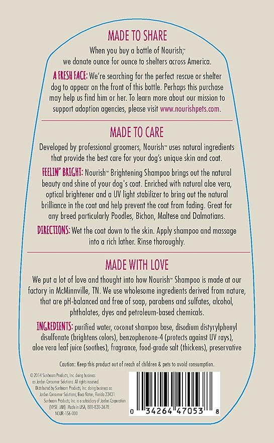 Nourish Natural Whitening Dog Shampoo for Sensitive Coats, Spring Flower Scented 16 oz - You Buy 1, We Donate 1 to a Shelter, Made in USA, PH Balanced