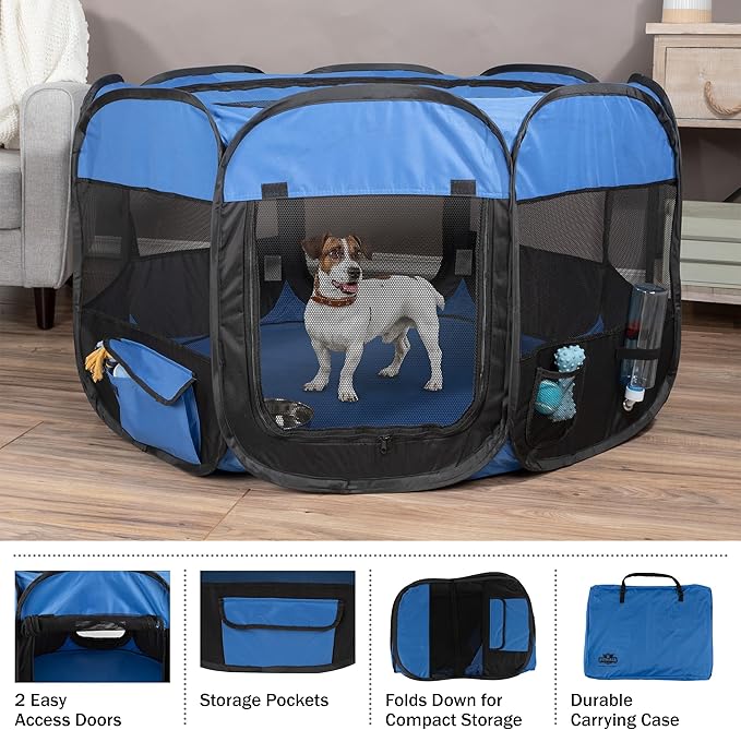 Pet Playpen - 42x25 Pop-Up Dog Kennel with Carry Bag - Portable Play Pen for Dogs, Cats, Rabbits, and Small Animals by PETMAKER (Blue)