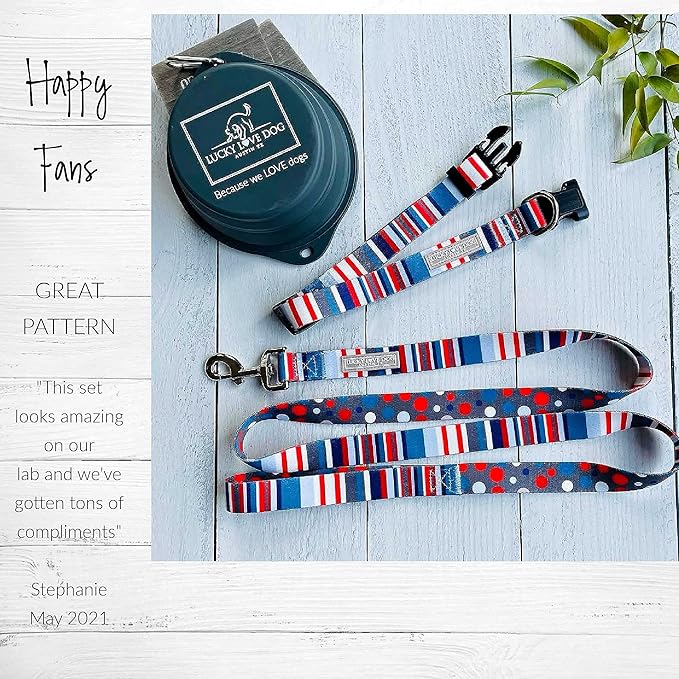Lucky Love Dog, Nautical Matching Dog Collar and Leash Set, Polka Dot Striped Dog Collar and Leash for Male Female Dogs - (X-Small, Linus Combo)