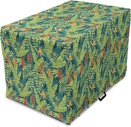 Lunarable Tropical Dog Crate Cover, Exotic Bird of Paradise Blossoms Banana and Areca Fan Palm Leaves, Easy to Use Pet Kennel Cover for Cats & Medium Dogs, 24 Inch, Yellow Green and Dark Teal