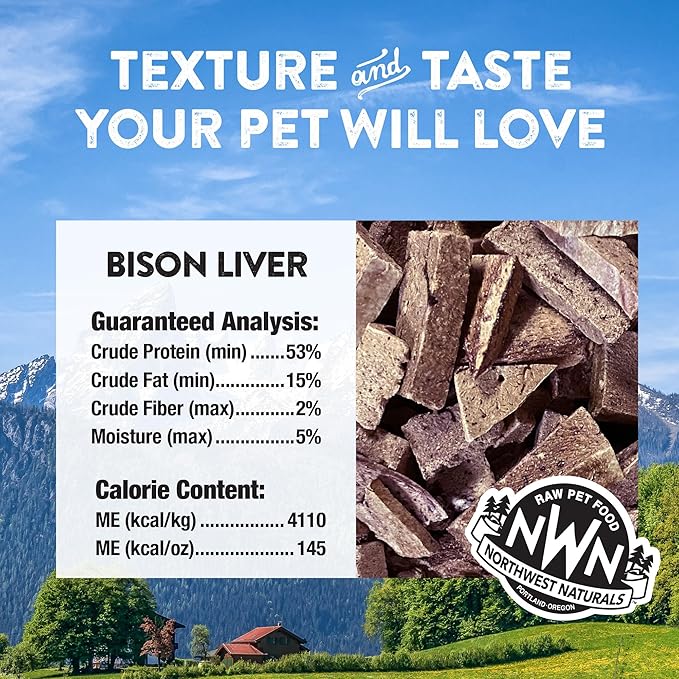 Northwest Naturals Raw Rewards Freeze-Dried Bison Liver Treats for Dogs and Cats - Bite-Sized Pieces - Healthy, 1 Ingredient, Human Grade Pet Food, All Natural - 3 Oz