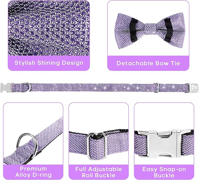 Dog Collar with Bow for Small Medium Large Dogs, Cute Bling Dog Bow Tie Collar with Metal Buckle, Soft & Durable for Medium Dogs Walking (Purple, M)