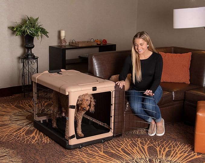 Pet Gear “The Other Door” 4 Door Steel Crate for Dogs/Cats with Garage-Style Door, Includes Plush Bed + Travel Bag, No Tools Required, Beige