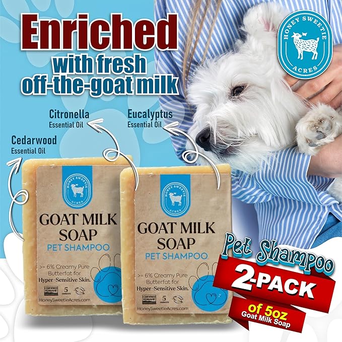 Honey Sweetie Acres 2-Pack All-Natural Pet Shampoo Bar with Fresh Goat Milk - Moisturizing Relief for Dry, Itchy Skin - Leaves A Fresh, Clean Scent - Eliminate Dirty Pet Odor, 5 oz Bar (2 Count)